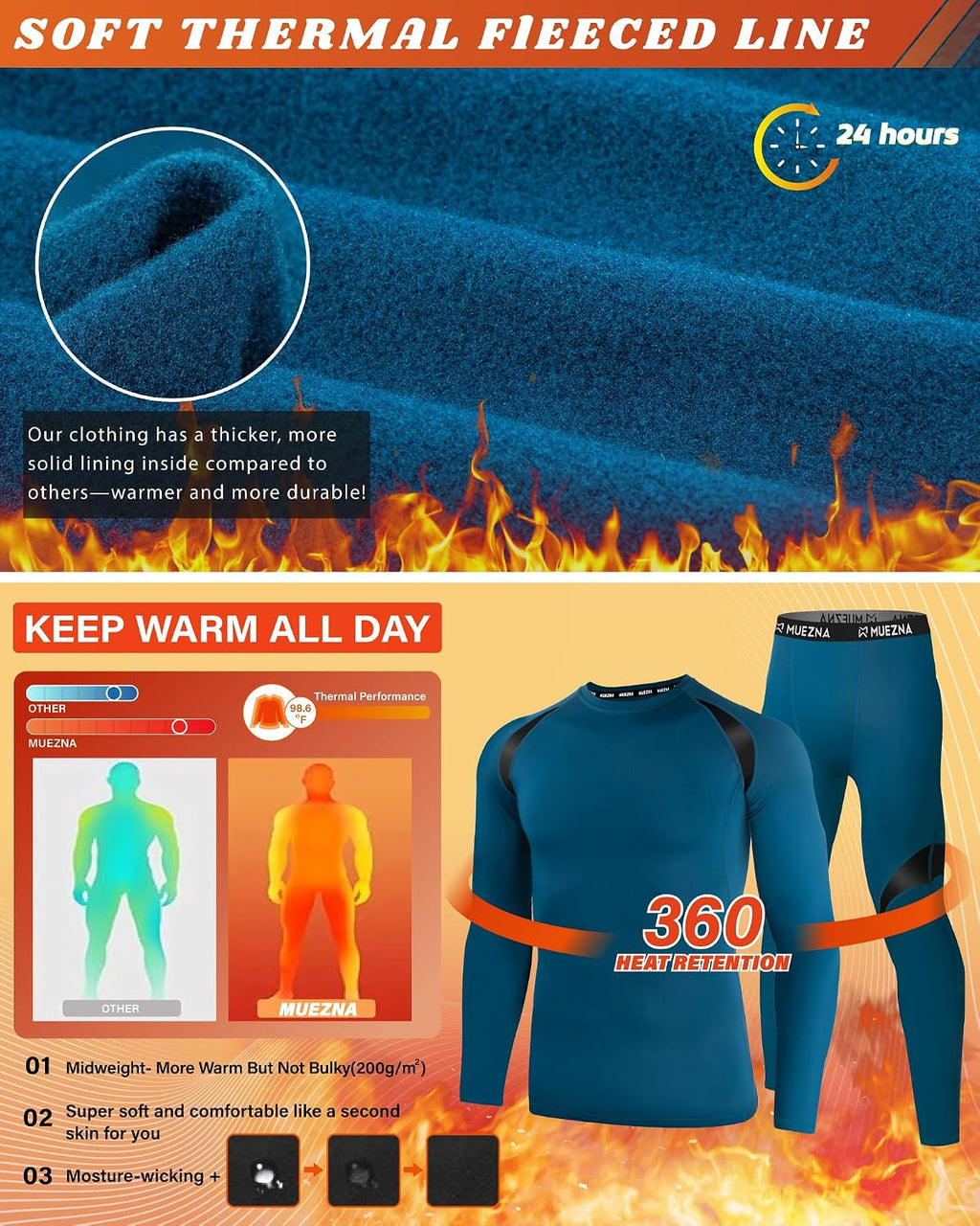 Muezna Men's Thermal Top and Bottom Set Underwear Long Johns Base Layer