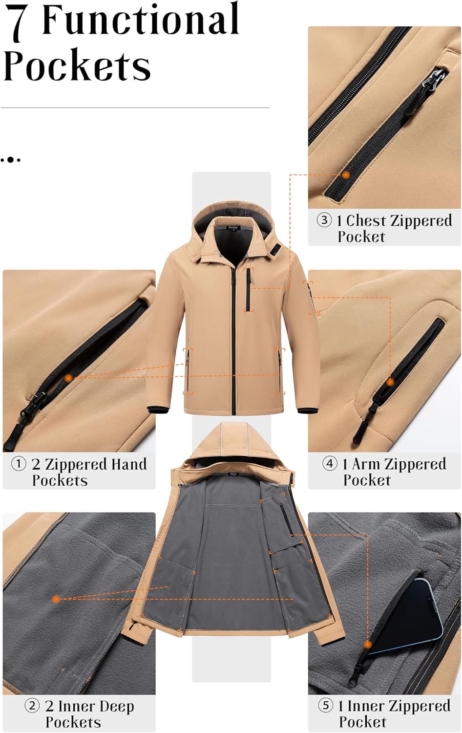 Pursky Men's Softshell Jacket Waterproof Fleece Lined Windbreaker With Removable Hood Lightweight Tactical Jacket
