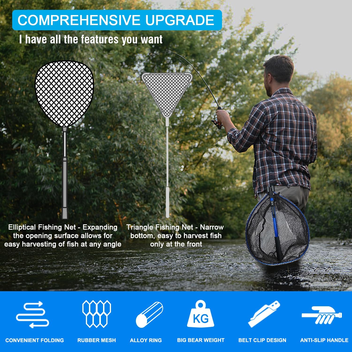 LBW Collapsible Fishing Net with Handle, Folding Kayak Net for Freshwater or Saltwater, Trout Catfish Bass Compact Rubber Landing Net