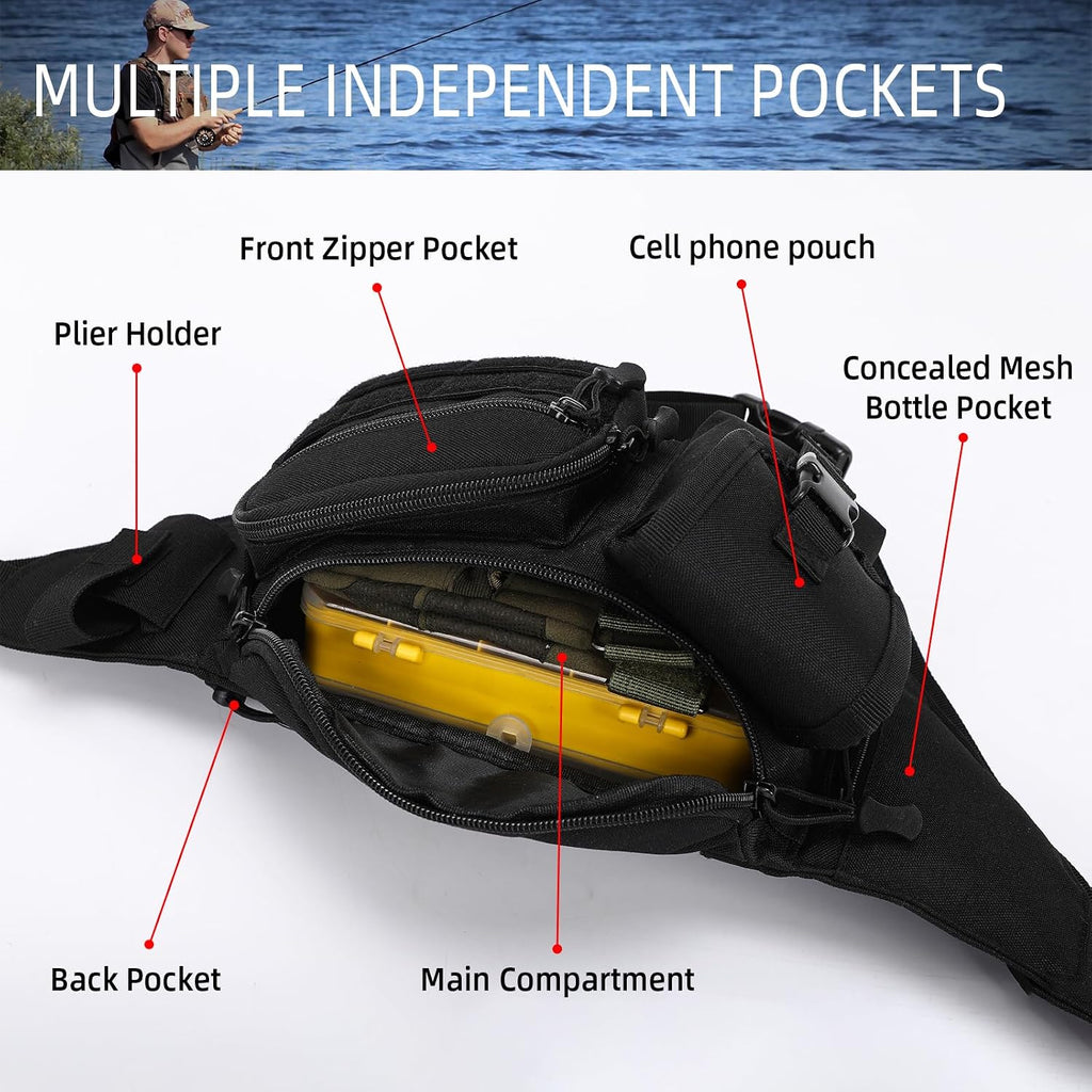 Tactical Fanny Pack For Men, Military Waist Bag Adjustable Hip Belt BumBag EDC Bags for Outdoor Fishing Hiking Hunting with Bottle Holder Pouch and US Flag Patch (Black)