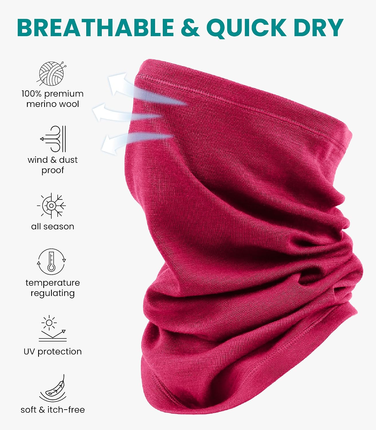 100% Merino Wool Neck Gaiter, 17.5um Face Mask, Unisex Neck Warmer 1-2 Pack