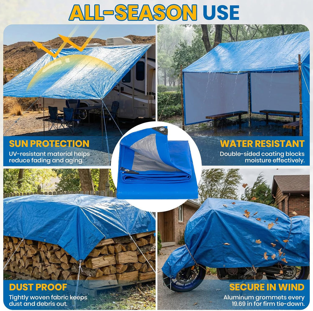 Velway Waterproof Tarp 8x10 FT 5 Mil Heavy Duty Poly Tarpaulin Outdoor Blue