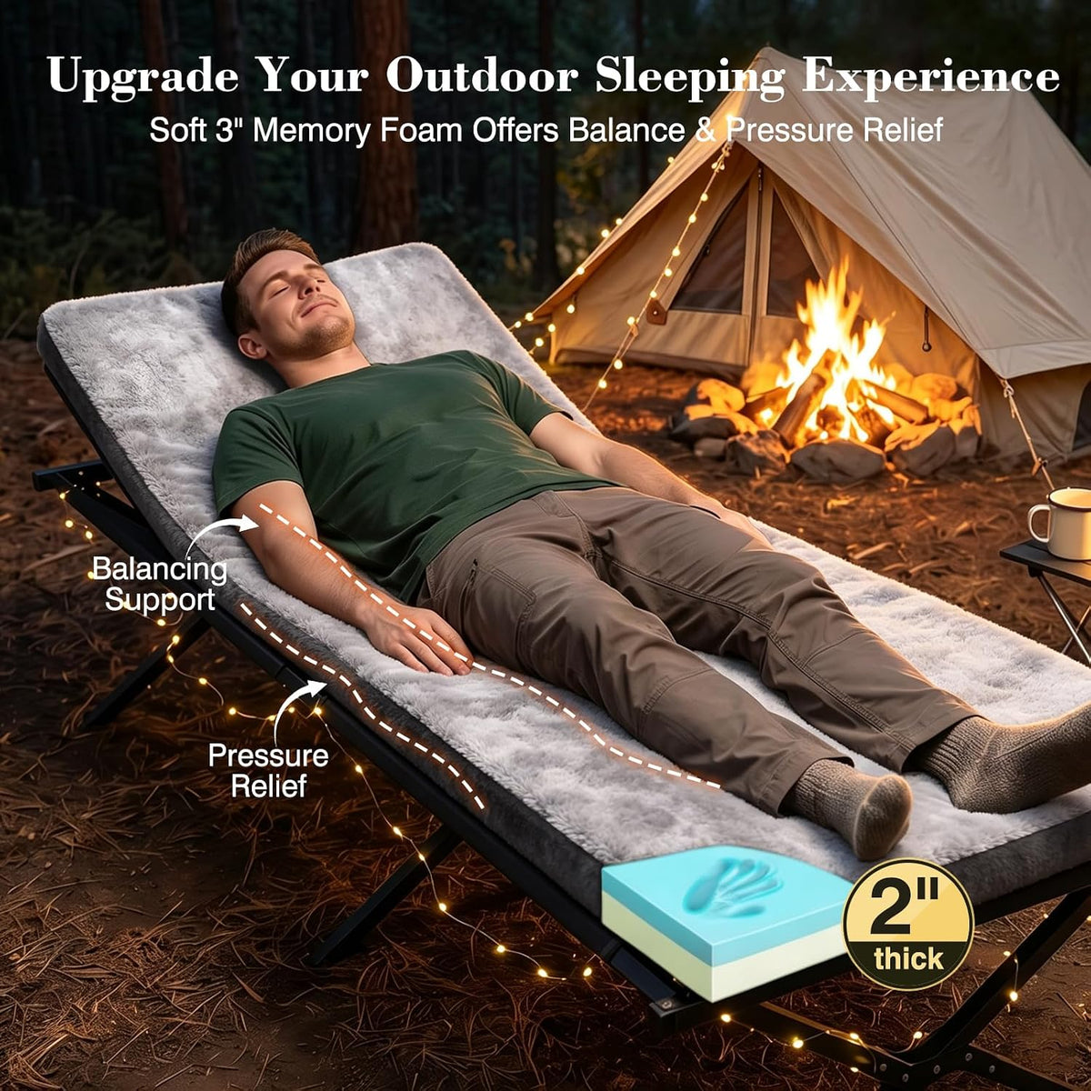 Thick Foam Camping Sleeping Pad, Soft Sleeping Mat, Double Side Fluff Camping Cot Pads for Adult, Non-Slip Roll up Camping Cot Mattress Topper for Camp Cot/Rv Bunk/Narrow Twin Beds, Pad Only