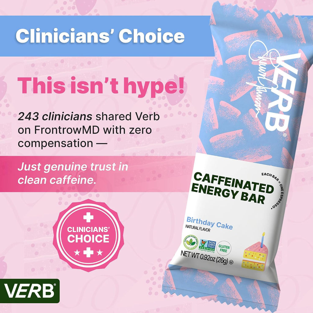 Verb Caffeinated Energy Bars Birthday Cake (26g, Pack of 16) 110 Calories