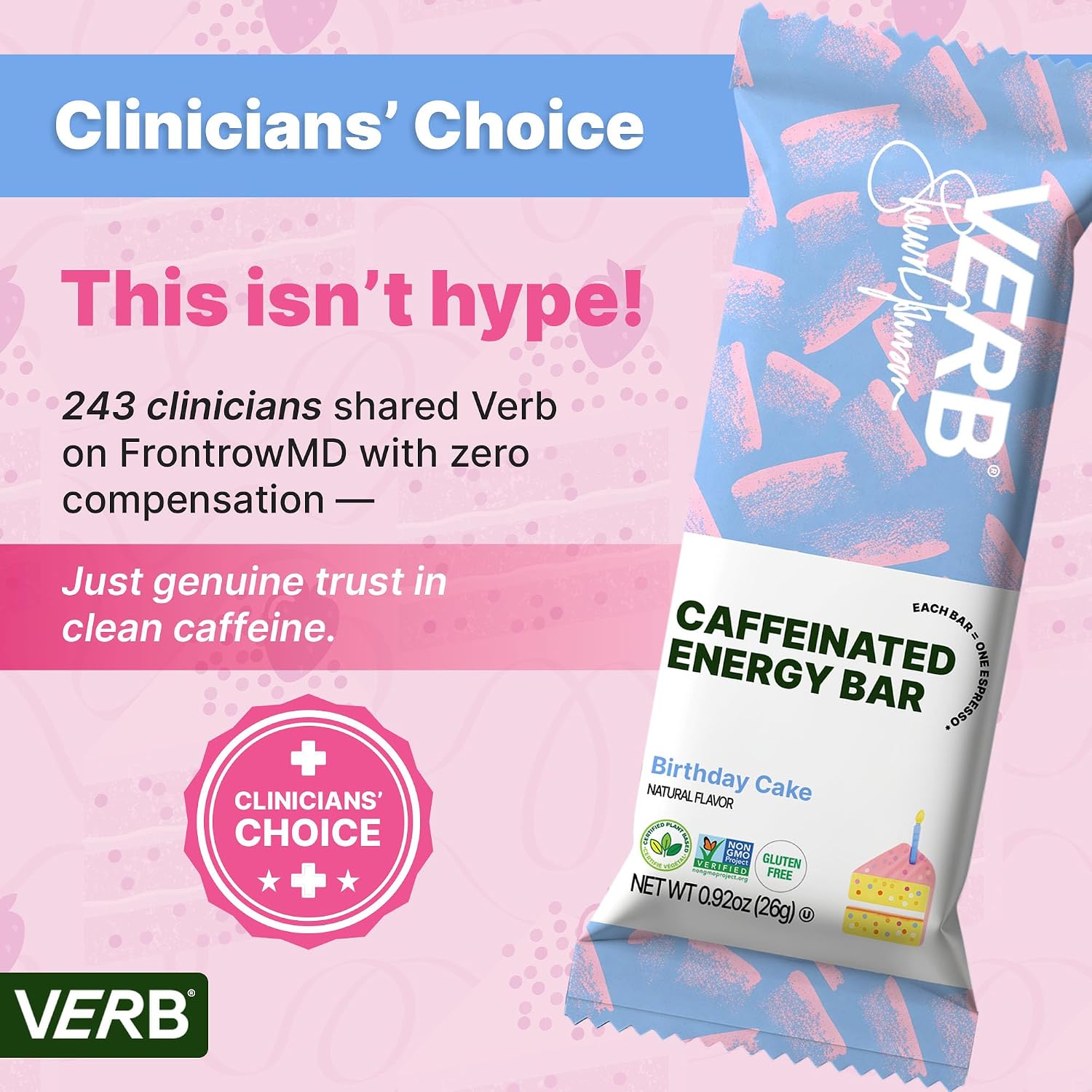 Verb Caffeinated Energy Bars Birthday Cake (26g, Pack of 16) 110 Calories