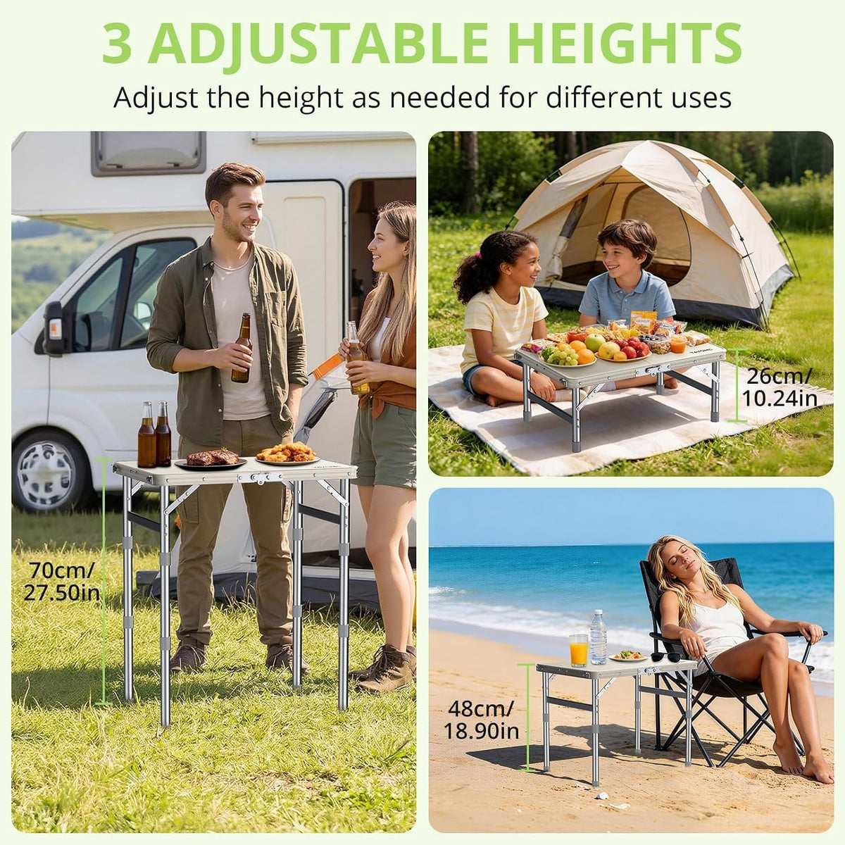 2ft Plastic Folding Camping Table, 3 Adjustable Height Waterproof Small Folding Table Lightweight & Portable with Carry Handle for Outdoor Camping RV Travel Picnic Beach, 22.8" X 15.7", White