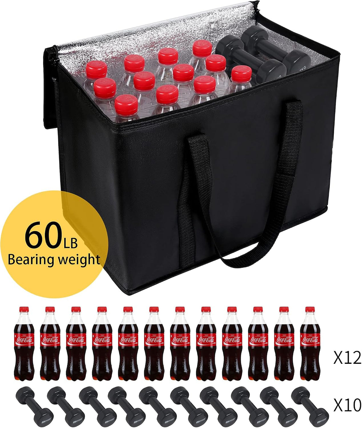 2 pack Additional Bottom Plate Black Insulated Grocery shopping bag , Delivery,pizza,reusable bags, Sturdy zipper,Collapsible,tote,cooler,thermal,Beach,waterproof heavy duty