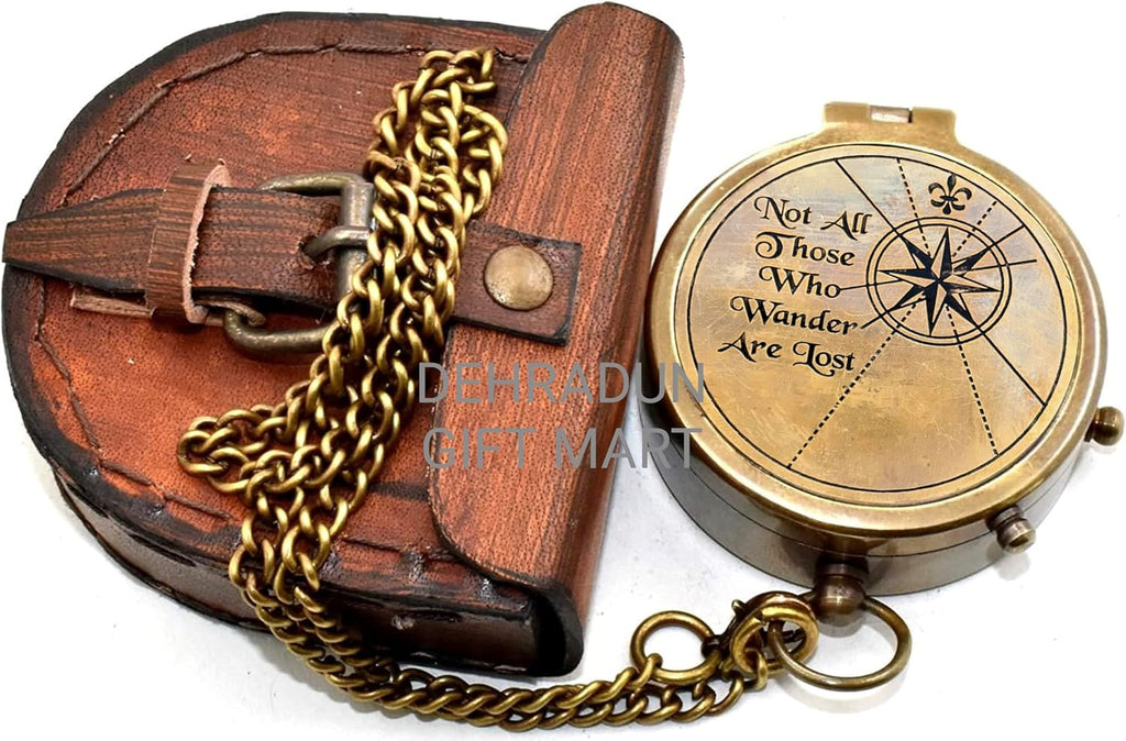 “Not All Those Who Wander are Lost” Engraved Vintage Pocket Compass, Antique Brass Nautical Compass with Leather Case, Travel Gift for Men & Women, Hiking Camping Navigation Tool, Graduation Gift