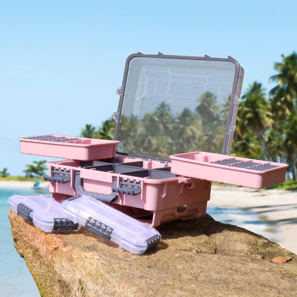 RUNCL Universal Fishing Tackle Box with Two Small Tackle Tray, Removal Inside Design Waterproof Trunk Storage Box, Thicker Floating Airtight Stowaway, Xmas Surprise Fishing Gifts for Men Women