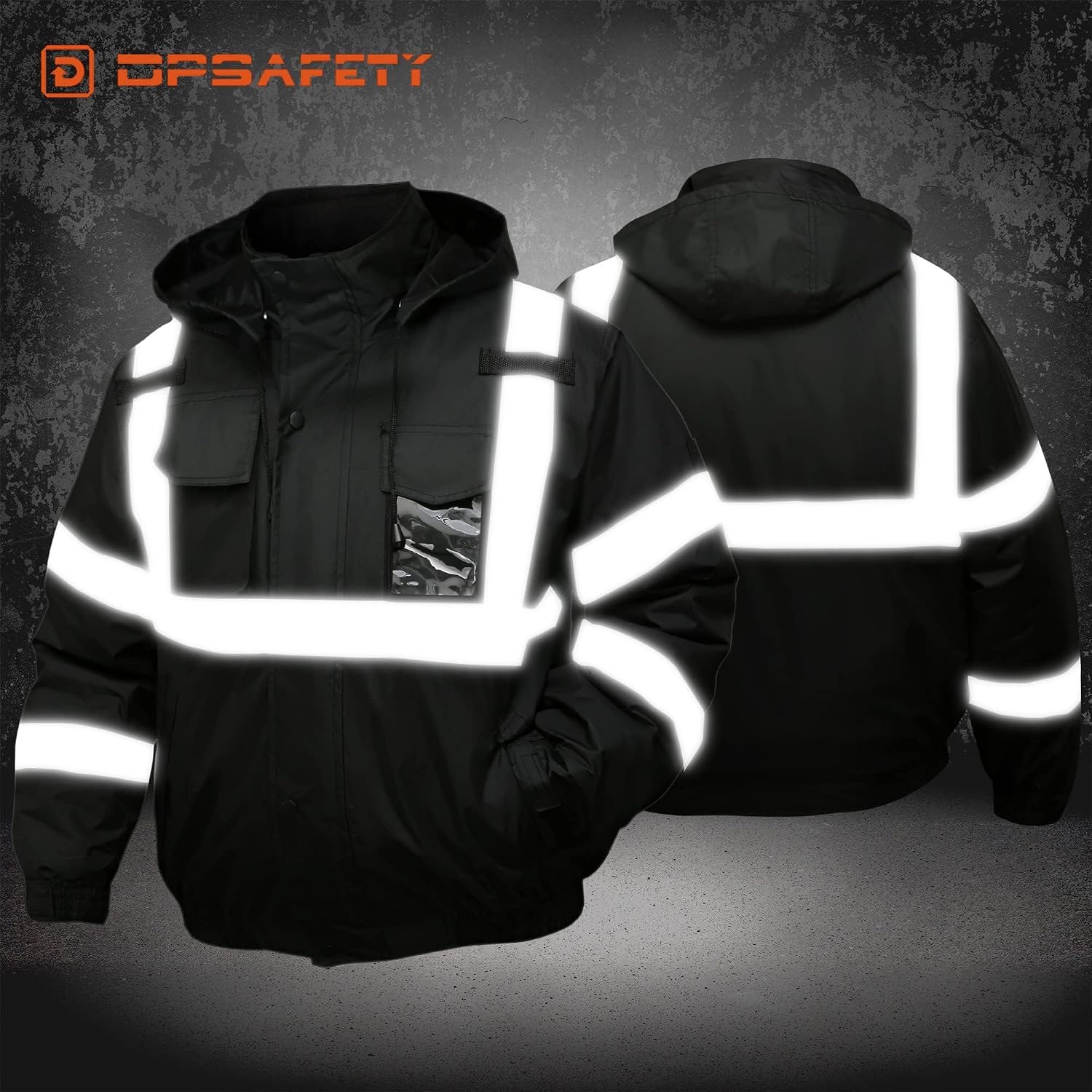Safety jacket for men,Reflective high Visibility Hooded jacket,Hi-Vis Bomber Jacket with Pockets and Zipper,Waterproof,Black Bottom,ANSI/ISEA 107-2020 Type R Class 3,Black