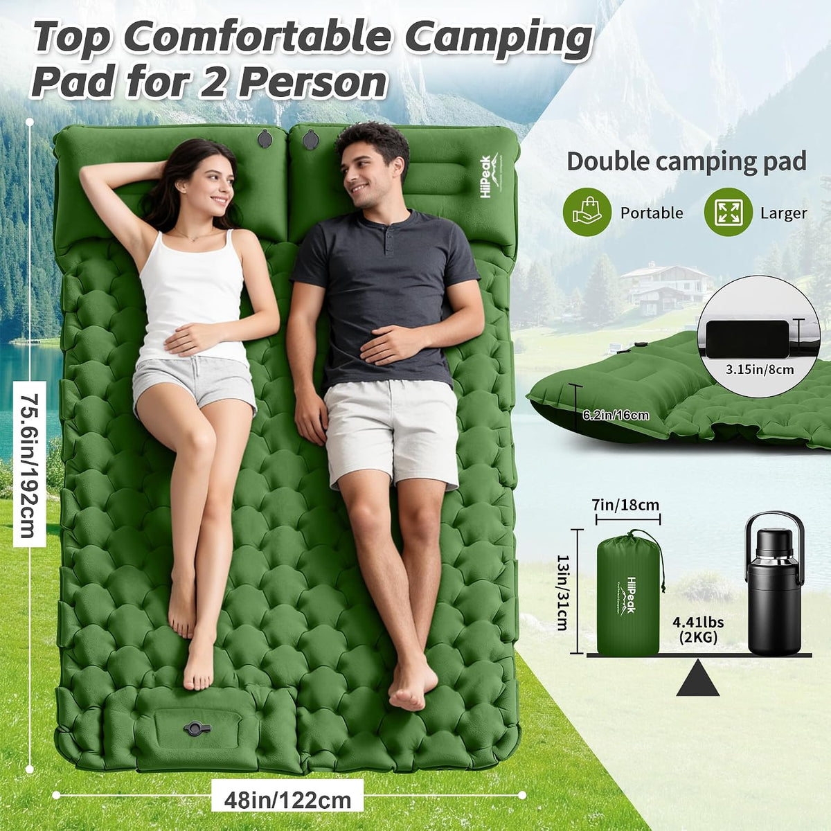 HiiPeak Double Sleeping Pad for Camping - Suede Top Camping Mattress with Pillow, Built-in Foot Pump, Compact Inflatable 2-Person Portable Mat for Backpacking, Hiking, Car Traveling, Beach, Tent
