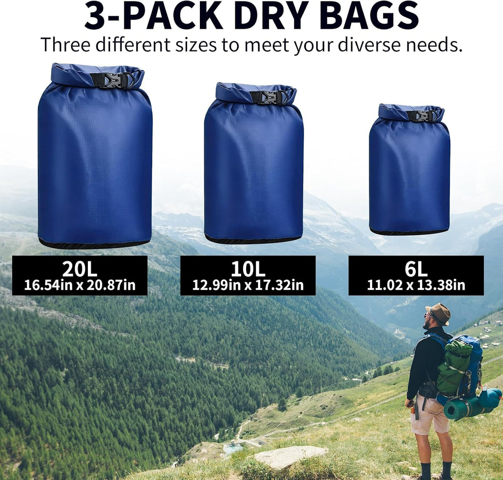 Dry Bag Waterproof 3 Pack Lightweight Outdoor Dry Sack, 6L&10L&20L, Blue