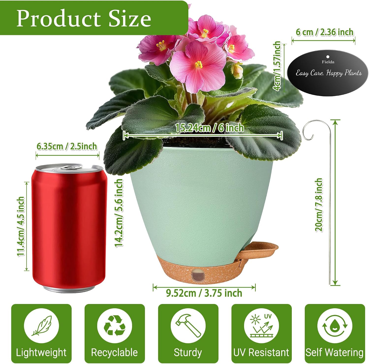 6 Inch Small Plant Pots for Indoor Outdoor Plants, 5-Pack, Self Watering