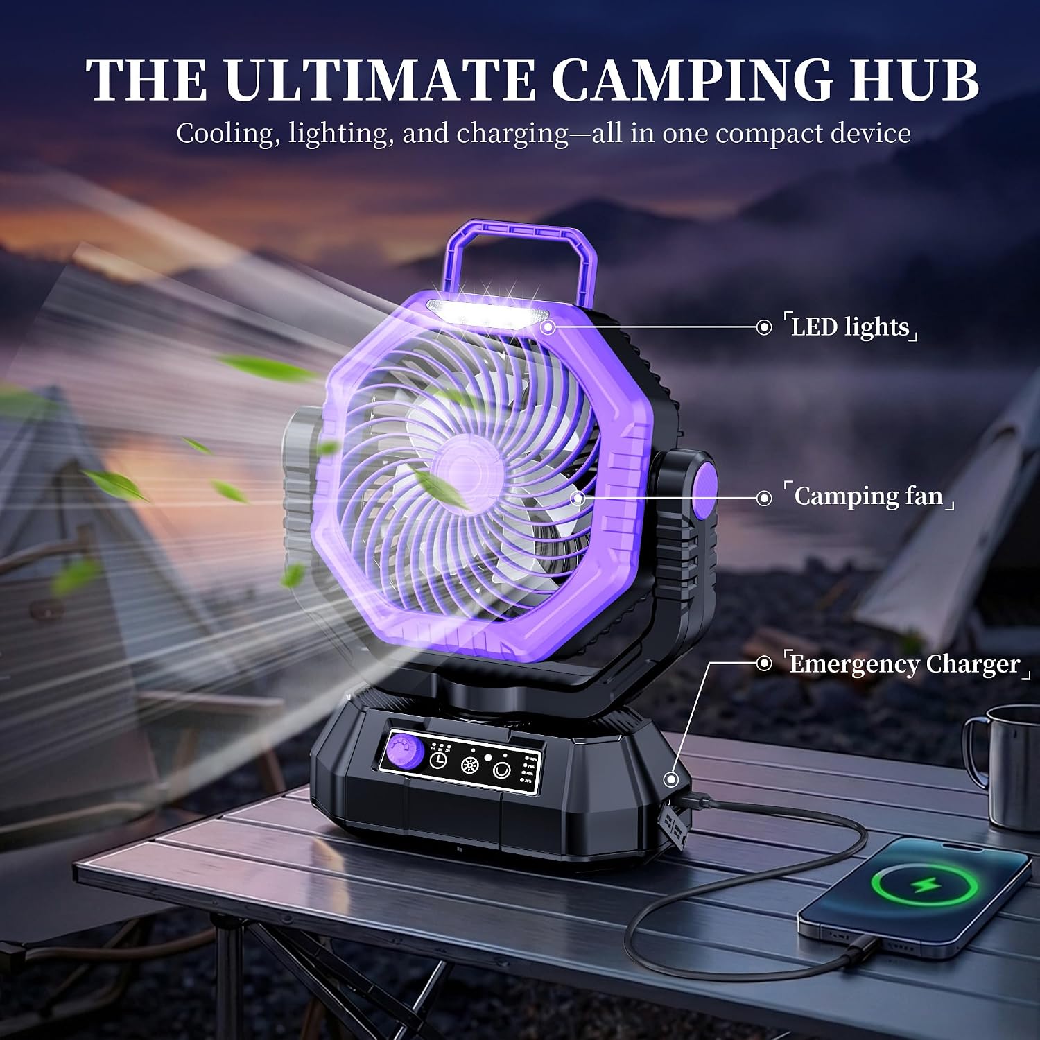 AJVV Camping Fan with Light, Remote and Oscillation, Battery Powered Hanging Tent Fan, Rechargeable Portable for Camp, Outdoor, Emergencies, Fishing, RV Travel, Jobsite