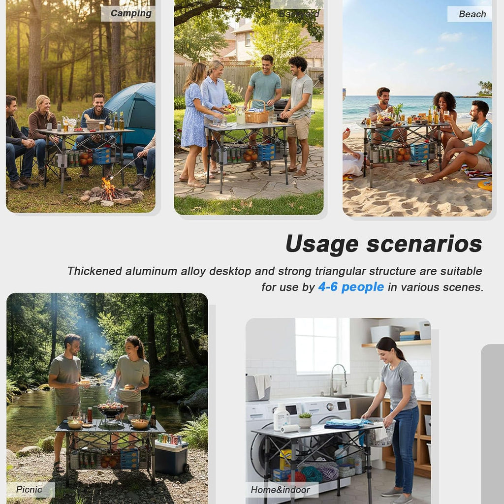 Portable Camping Table with Adjustable Height Legs, Lightweight Aluminum Roll-up beach tables for sand foldable，Folding Picnic Table Large Storage Basket for Outdoor camping (Black, Medium 37")