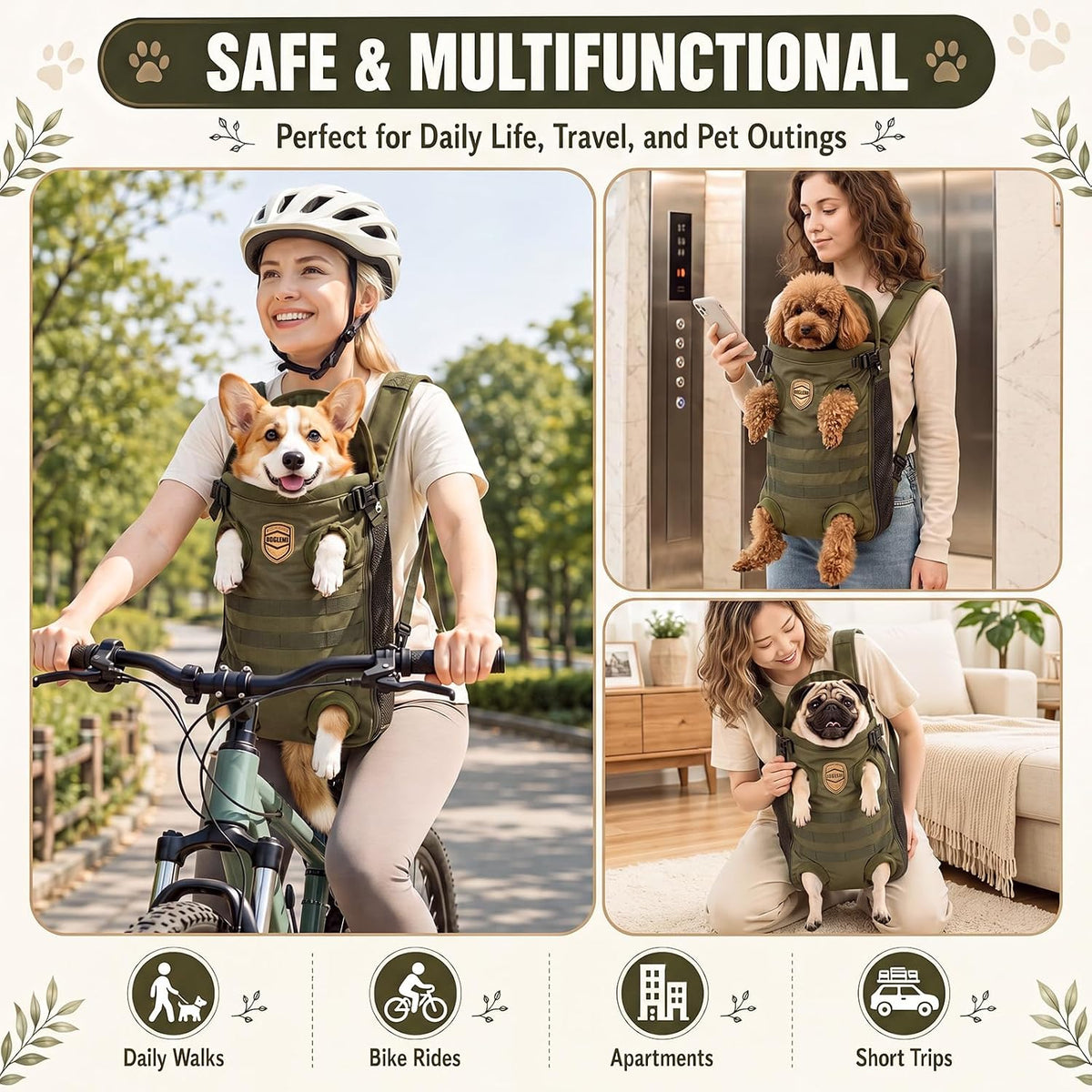 Dog Carrier Tactical Backpack for Medium Large 26-40lbs, Green