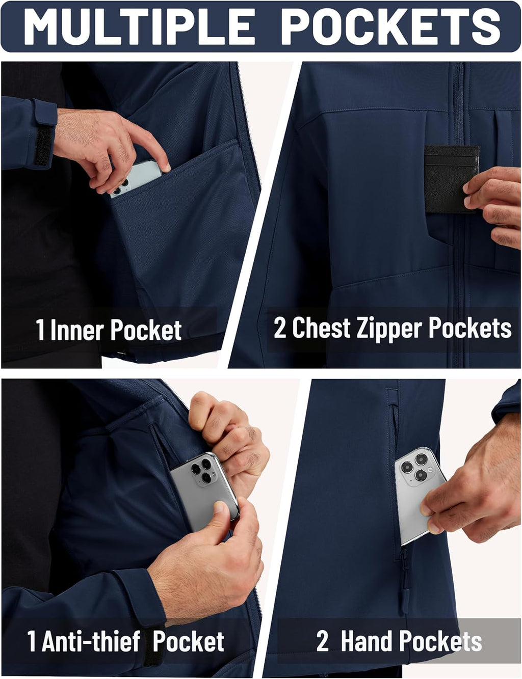 TACVASEN Men's Hooded Softshell Waterproof Fleece Lined Lightweight Jackets