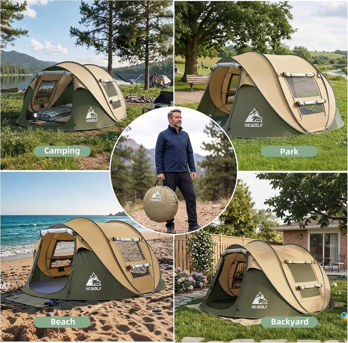 Hewolf 2/4 Person Pop Up Camping Tent,Instant Easy Setup,Waterproof,Automatic Family Tent for Camping,Hiking & Traveling