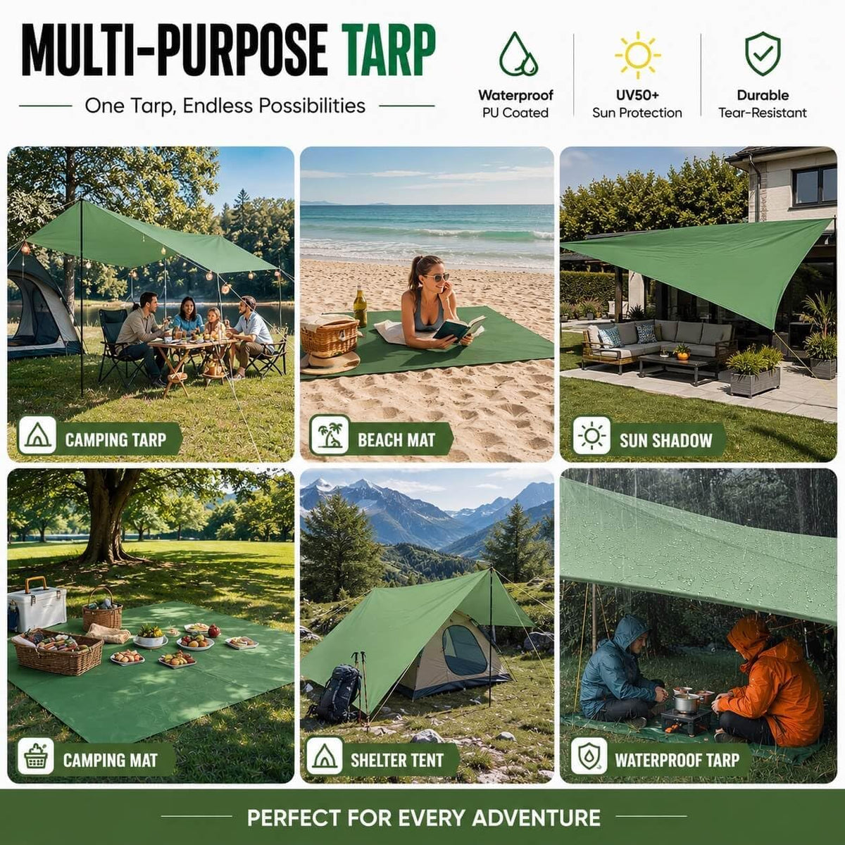 Waterproof Camping Tarp Tent Hammock Rain Fly, Mutifunctional Tent Footprint Lightweight Tarp for Camping, Hiking and Survival Shelter (Green, Without Poles,15x11FT)