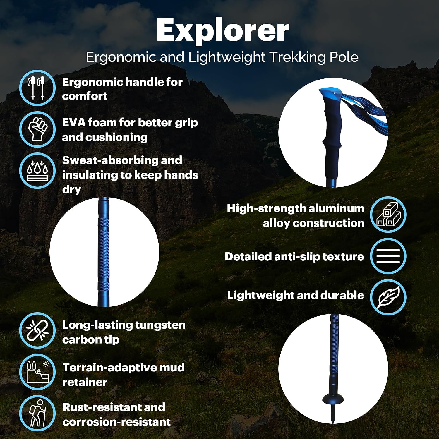 Versatile Trekking Pole with Accessories - Ideal for Hiking with Excellent Foam Grip Lightweight, Durable Tungsten Carbon Tip. Adjustable Length, Collapsible, Canvas Carry Bag