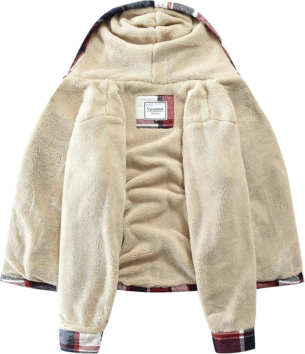 Men's Zip Up Flannel Shirt Jacket Fleece Lined with Hood