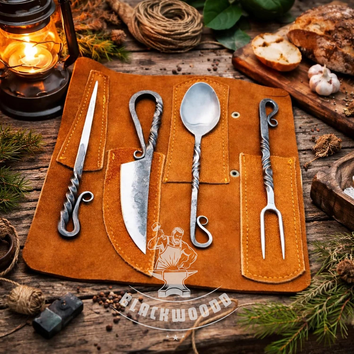 Hand Forged Medieval Cutlery Set - Viking Silverware Set with Leather Cover