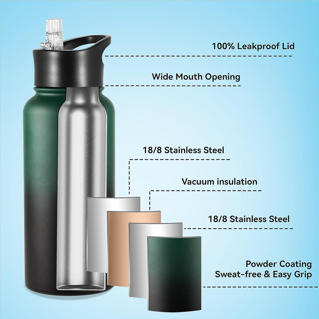 VEGOND 32 oz Insulated Water Bottle Bulk Stainless Steel Metal Water Bottles with Leak Proof Straw Lid & Spout Lid, Wide Mouth Double Walled Vacuum Travel Sports Bottle, 4 Pack