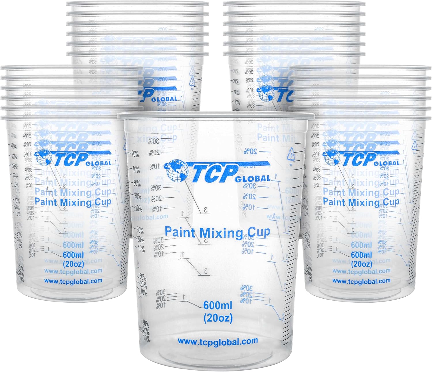 TCP Global 20 oz. (600ml) Graduated Plastic Mixing Cups - Box of 25