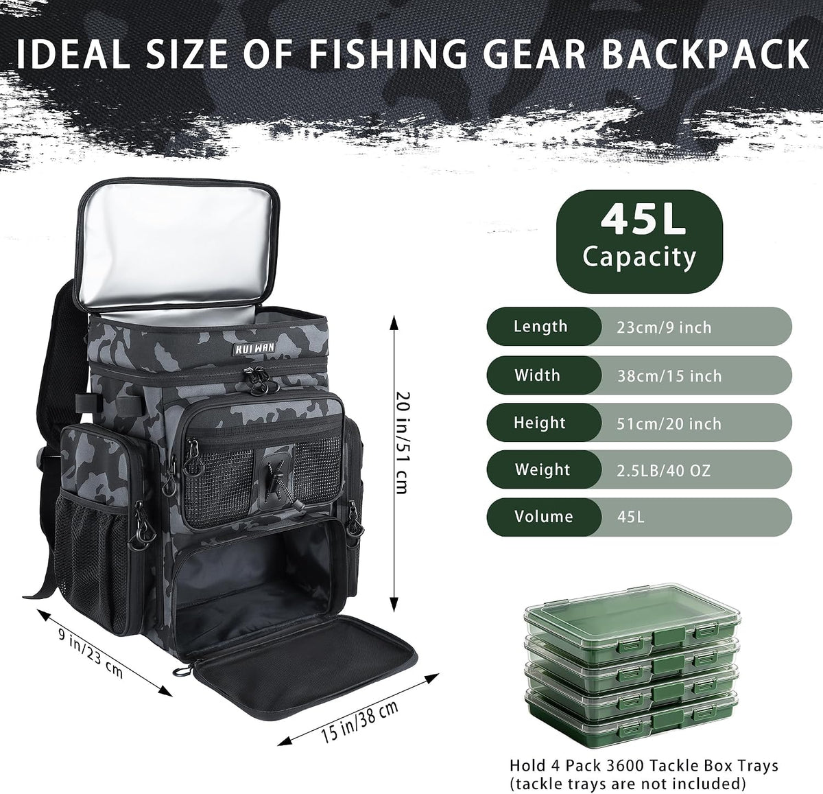 Fishing Backpack with Cooler & 4 Rod Holder, Large 45L Tackle Bag Store Fishing Gear Boxes Gifts for Men Woman-Camo Black Back Pack