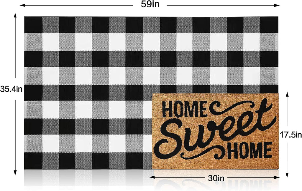 MUBIN Fall Decor Cotton Buffalo Plaid Rug, 3' x 5' Black and White Outdoor Rug Front Door Decorative Mat, Washable Doormat Foldable Area Rug Layered Door Mats Rug for Front Porch, Entryway, Patio