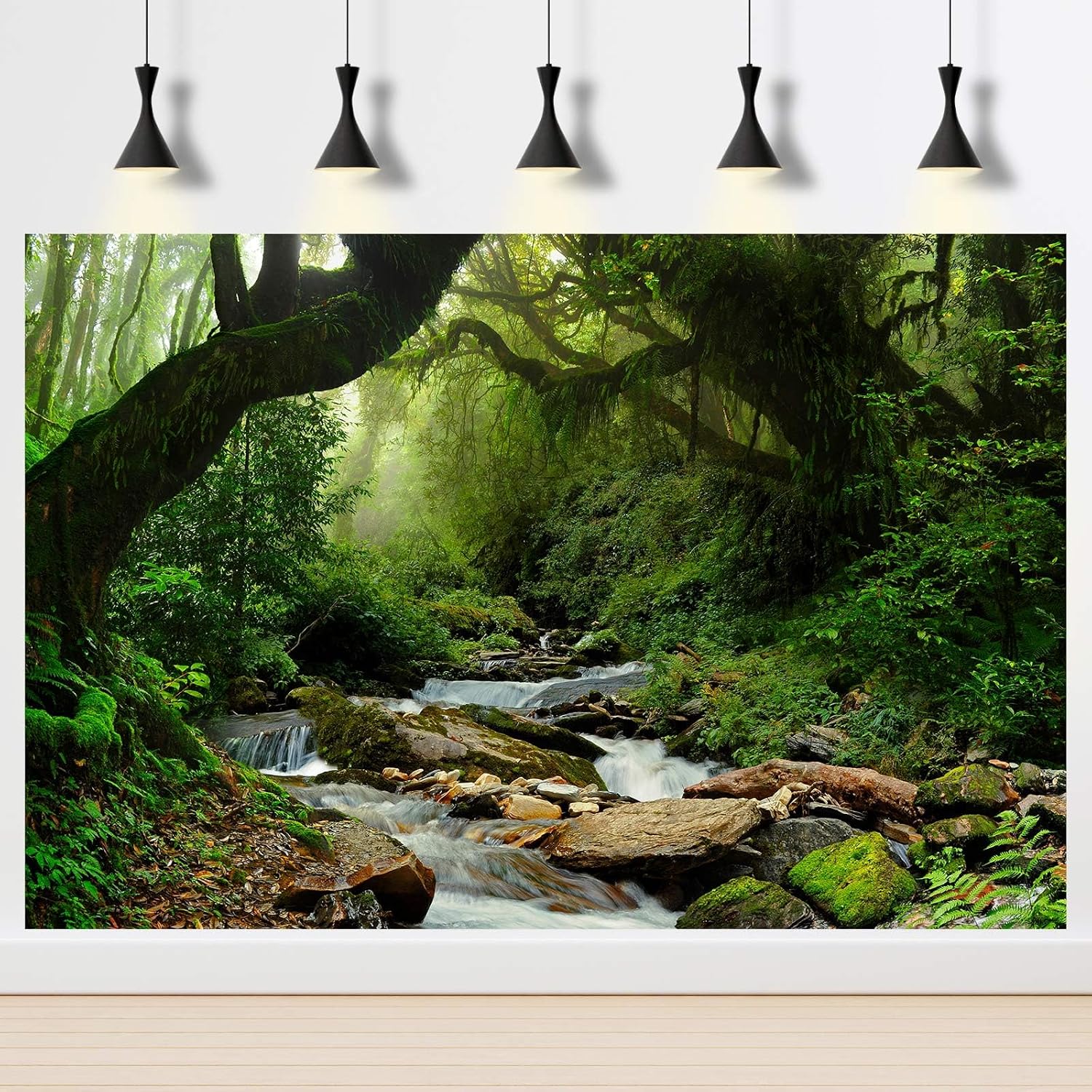 Jungle Forest Backdrop Foggy Rainforest Jungle Landscape Photography Background Stream Lush Green Trees Plants Nature Scene Backdrop for Travel Hiking Portrait Video Shoot Photo Studio Props 7x5ft