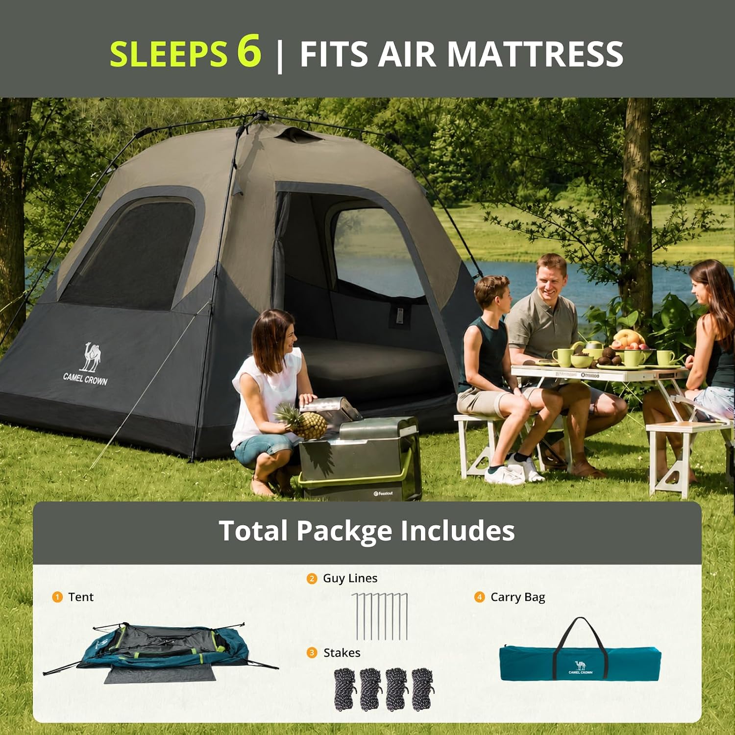 CAMEL CROWN 4/6 Person Instant Cabin Tent, Pop Up Windproof Tents for Camping, 60-Second Setup Family Tent with Carry Bag for Outdoor Hiking