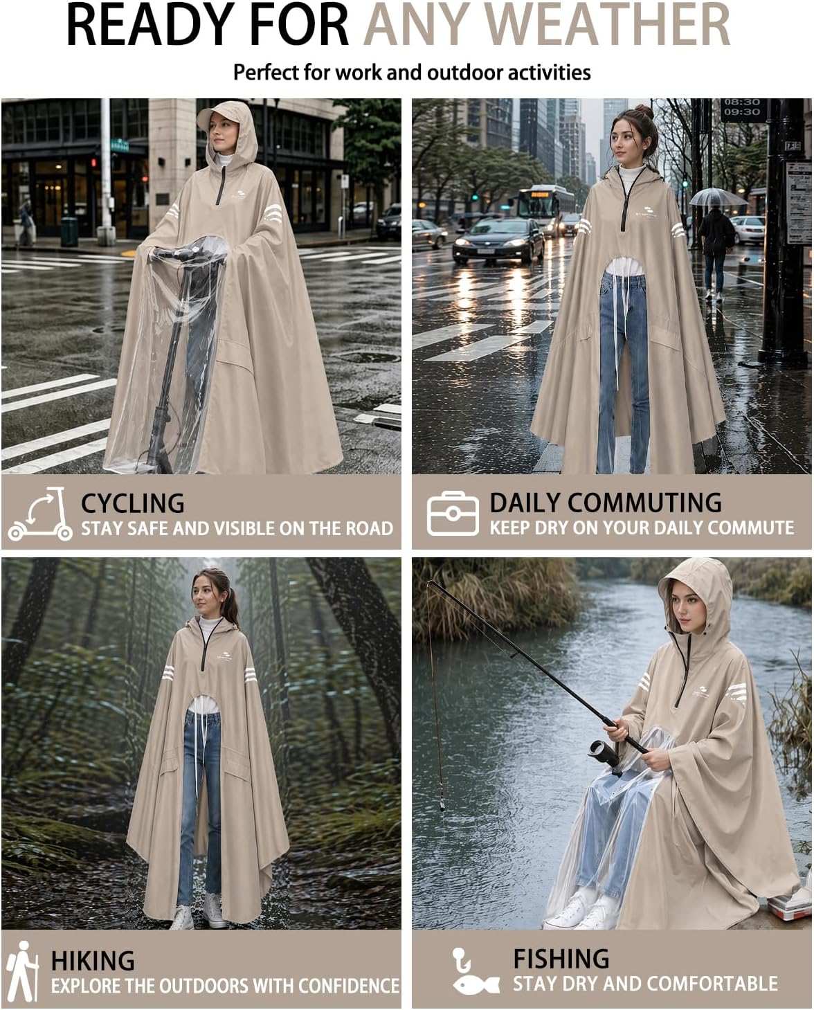 Rain Poncho Waterproof Full Body Long Hooded with Double-Face Visor Mask, Packable Raincoat for Cycling, Hiking
