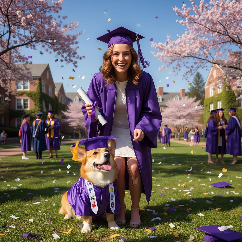 Chicingyou Small Dog Graduation Cap and Gown 2026 with Stole Washable Shirt and Hat Pet Graduation Gown Costume Outfit for Tiny Dog Little Cat Doll Clothes Holiday Halloween Costume Accessory(Purple)