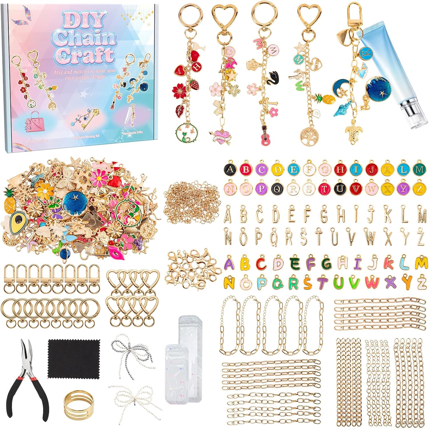569Pcs Charms Lip Gloss Keychain Making Kit, Bracelet Making Kit, DIY Bag Charm Kit with Key Chain Hooks, Jump Rings, Lobster Clasps, Charms, Chains & Tools, Jewelry Pliers, Jewelry Craft Kit Supplies