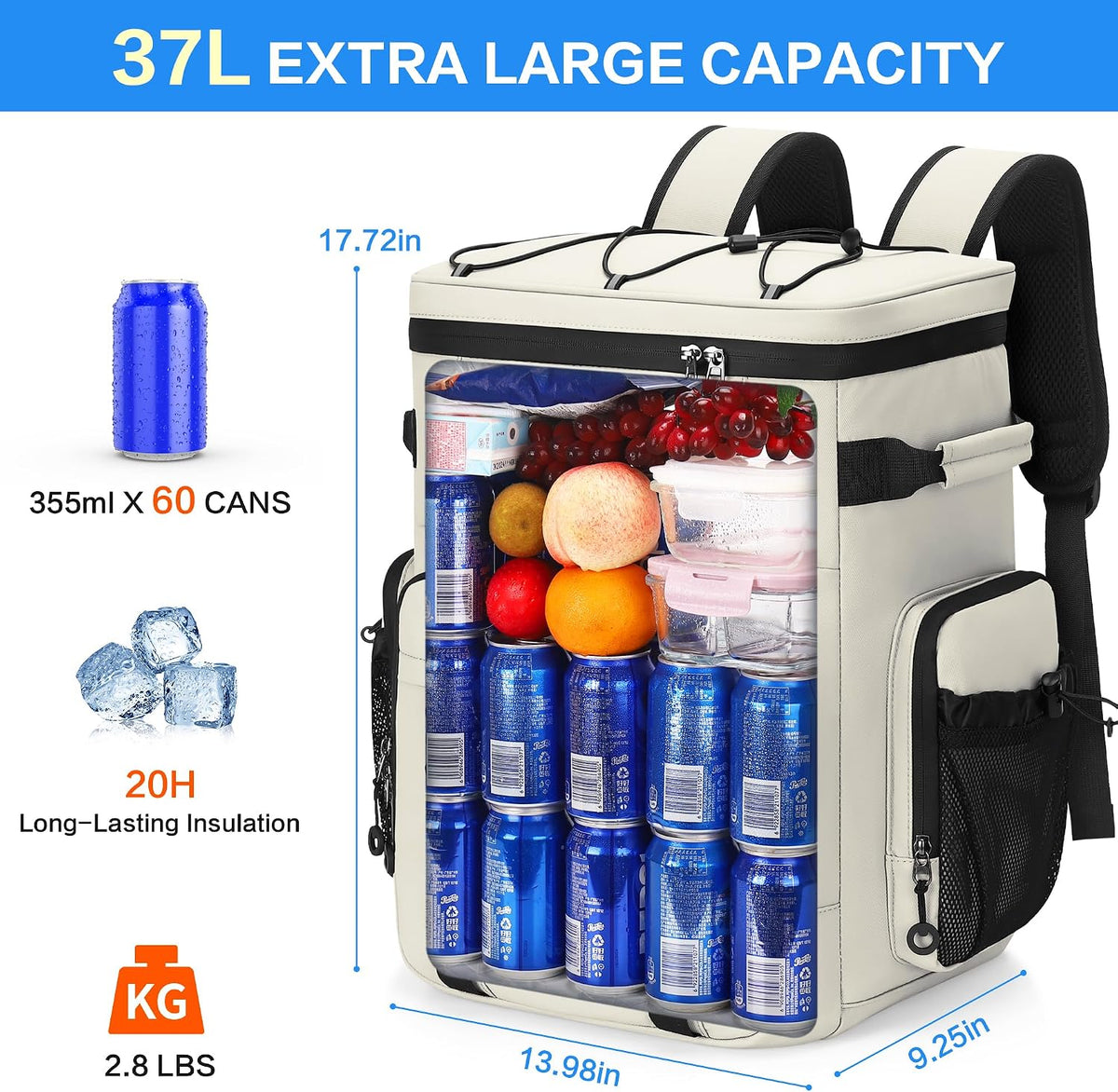 Large 60 Can Insulated Waterproof Leakproof Cooler Backpack