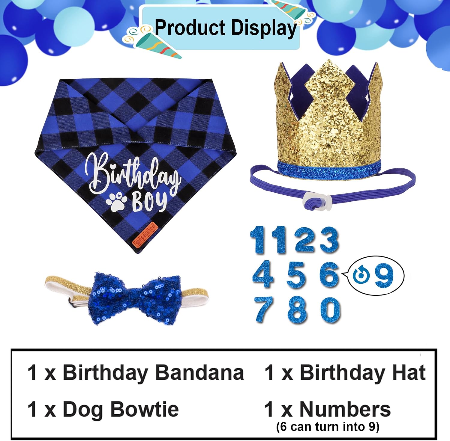 ADOGGYGO Dog Birthday Hat, Blue Plaid Birthday Dog Bandana Set, Small