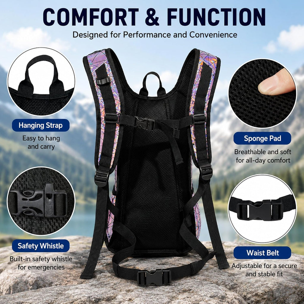 Zavothy Rave Hydration Backpack with 3L Bladder, Colorful Festival Hydration Pack with Side Pockets, Lightweight Water Backpack for EDM, Music Festivals, Hiking & Cycling