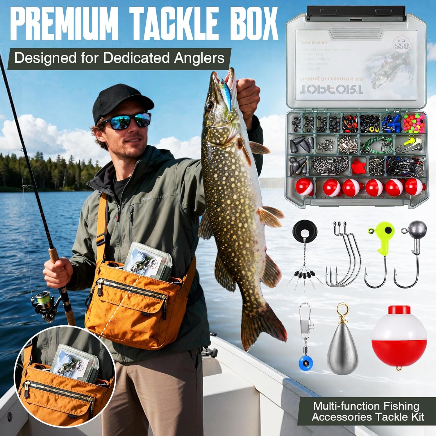 TOPFORT 187/343pcs Fishing Accessories Kit, Organized Fishing Tackle Box with Tackle Included, Fishing Hooks, Fishing Weights Sinkers, Fishing Gear and Equipment, Fishing Gift for Men