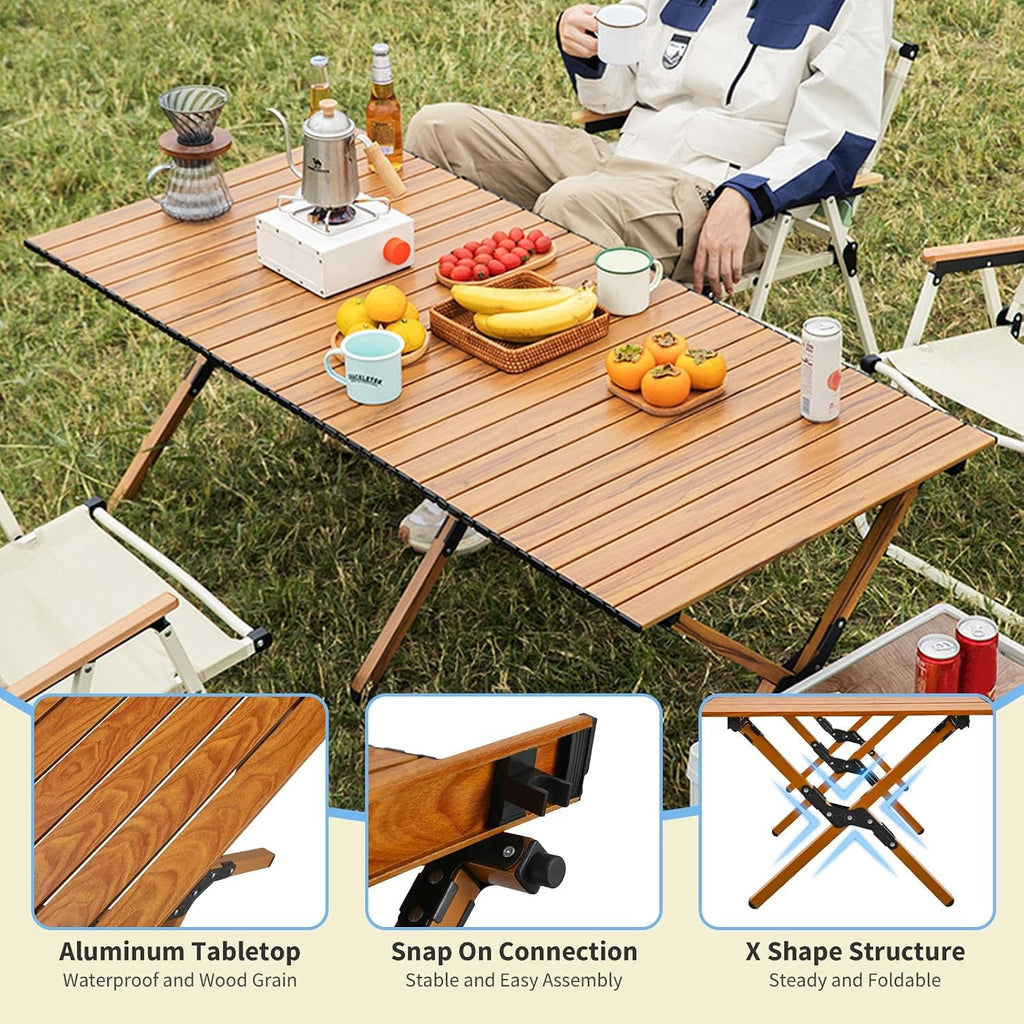 4Ft Aluminum Folding Camping Table, Portable Picnic Table, Outdoor Lightweight Collapsible Camp Table, Roll-up Camping Table for Beach,Party, Patio, BBQ, Travel, Backyard (Wood Upgraded Version)