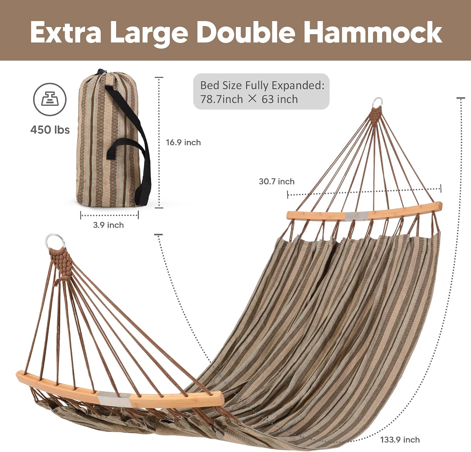SUNCREAT Hammocks Double Hammock with Curved Spreader Bar, Brown