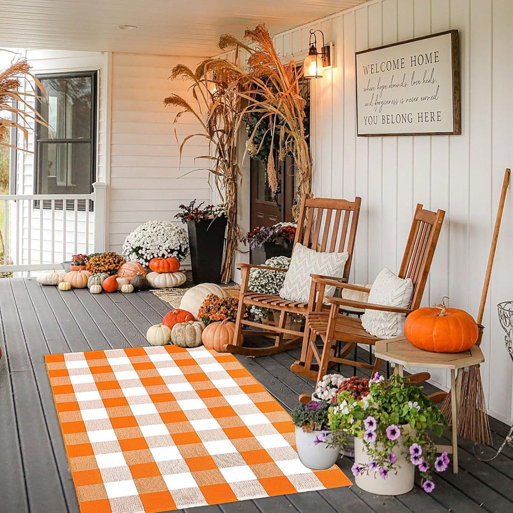 Fall Outdoor Rug Orange Buffalo Plaid Outdoor Rug Cotton Hand-Woven Buffalo Check Rug Layered Doormats for Front Door/Front Porch/Farmhouse/Entryway/Patio(Orange and White Plaid, 3' x 5')