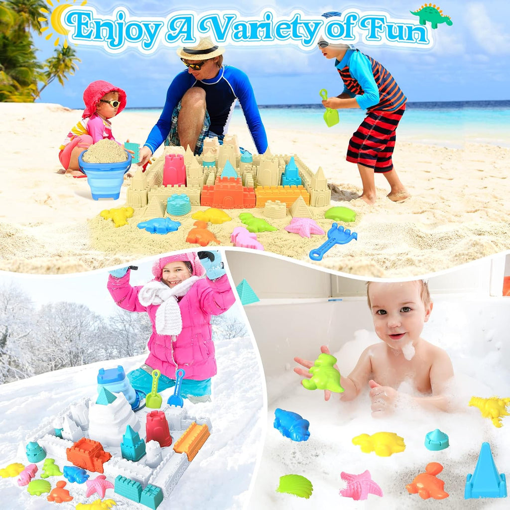 RACPNEL Beach Toys with Collapsible Bucket, Sand Castle Kit for Kids 3-12 | Castle Building Kit, Shovels, Portable Mesh Bag for Sandbox, Backyard, Summer Travel, Beach Games, Multi-Scene Outdoor Fun