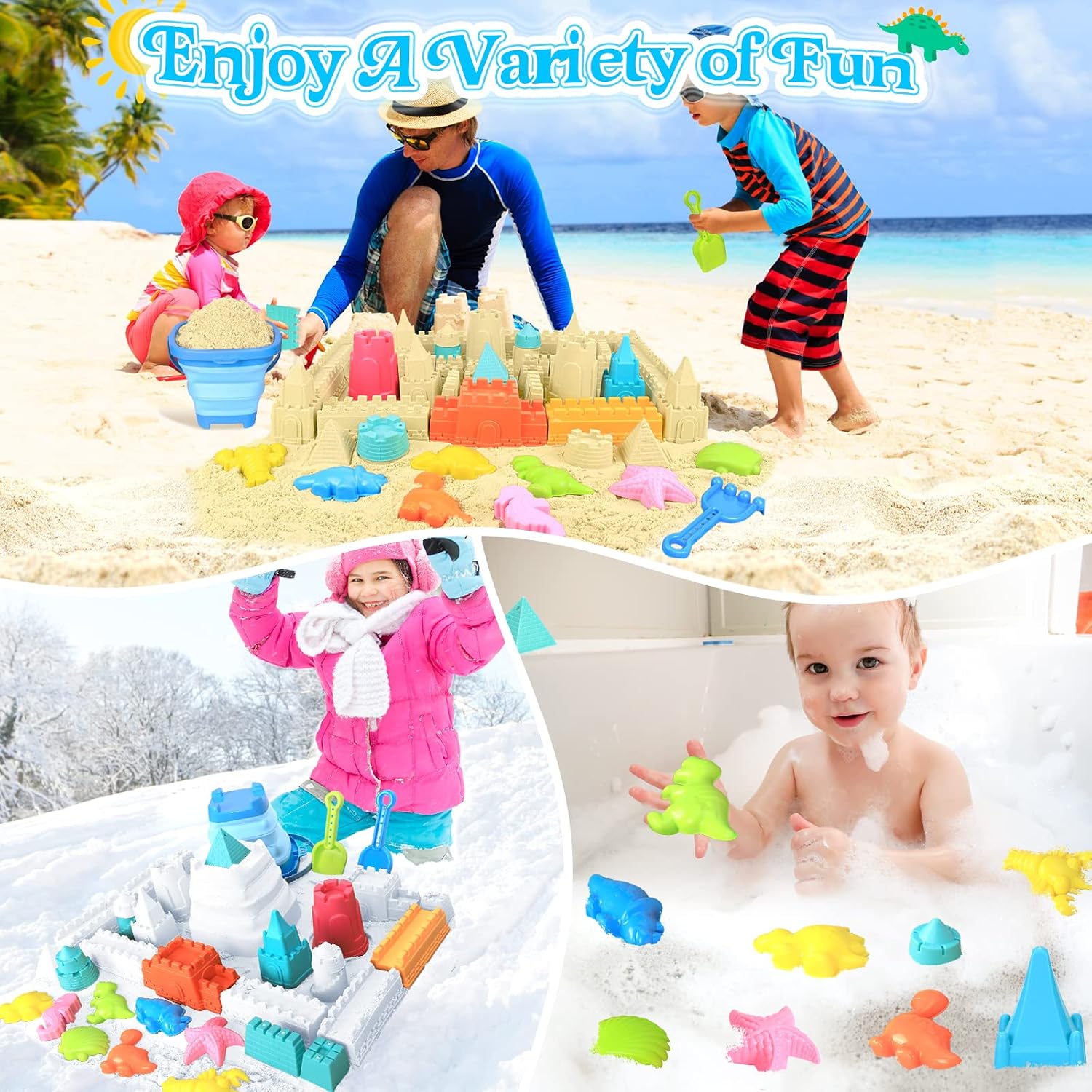 RACPNEL Beach Toys with Collapsible Bucket, Sand Castle Kit for Kids 3-12 | Castle Building Kit, Shovels, Portable Mesh Bag for Sandbox, Backyard, Summer Travel, Beach Games, Multi-Scene Outdoor Fun