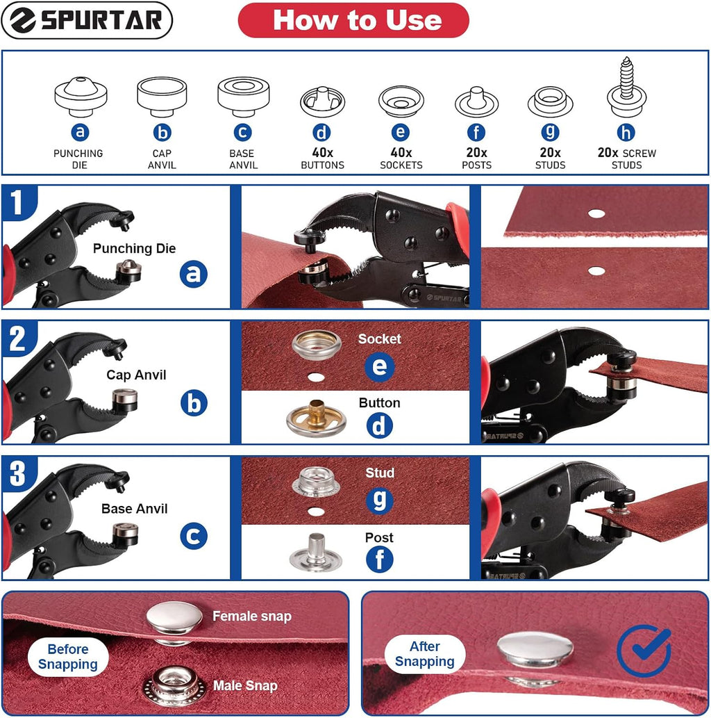Spurtar Heavy Duty Snap Button Kit Adjustable 15mm Snap Fastener Tool