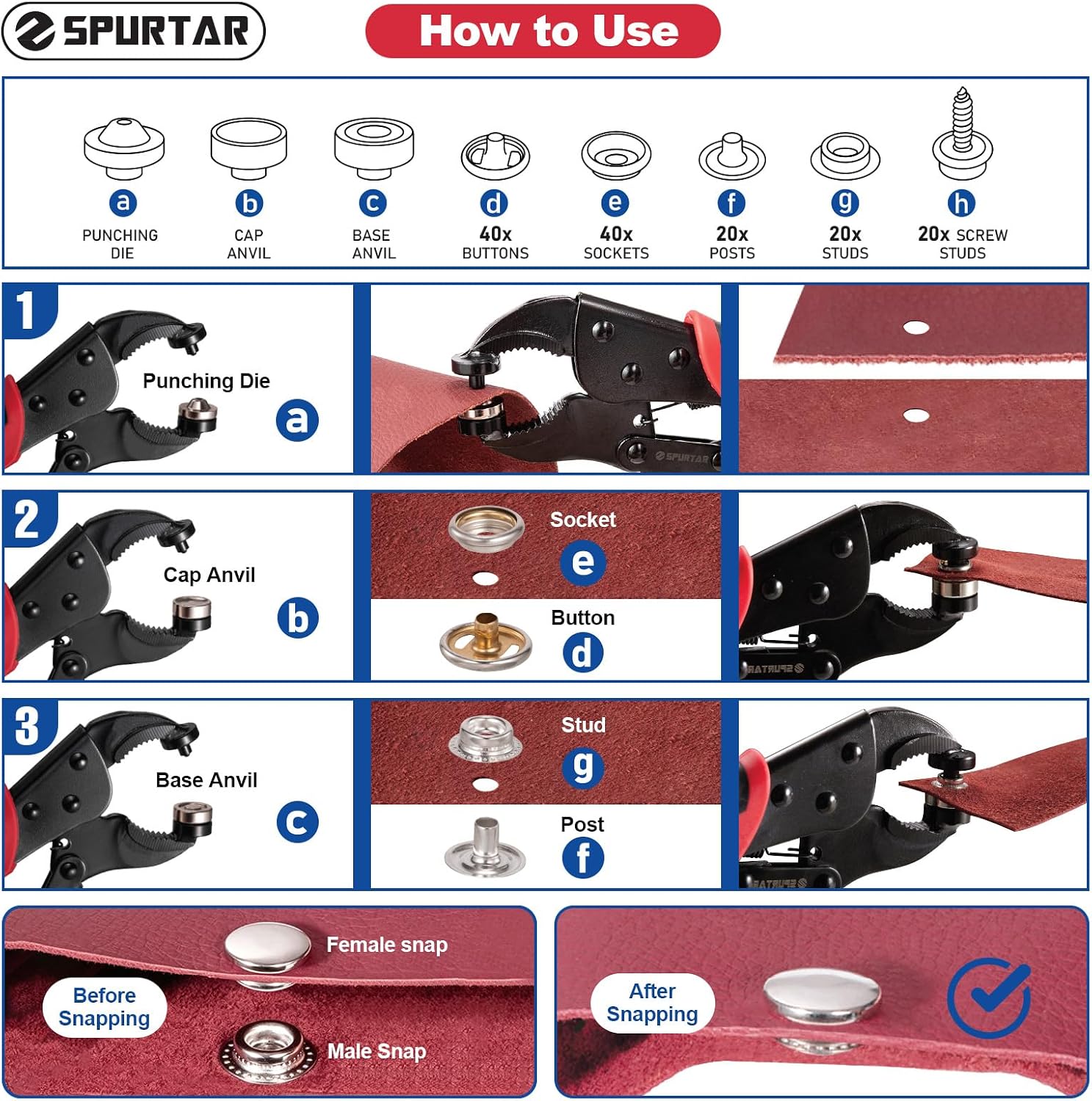 Spurtar Heavy Duty Snap Button Kit Adjustable 15mm Snap Fastener Tool