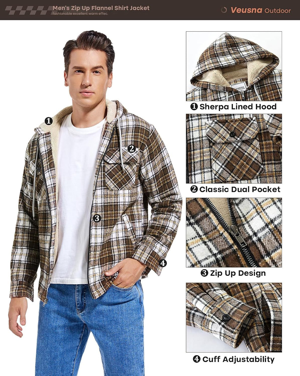 Men's Zip Up Flannel Shirt Jacket Fleece Lined with Hood