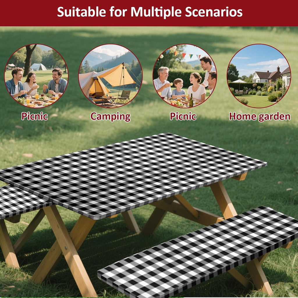 6ft 72" Picnic Table and Bench Cover, 3 Pack, Black-White Checkered
