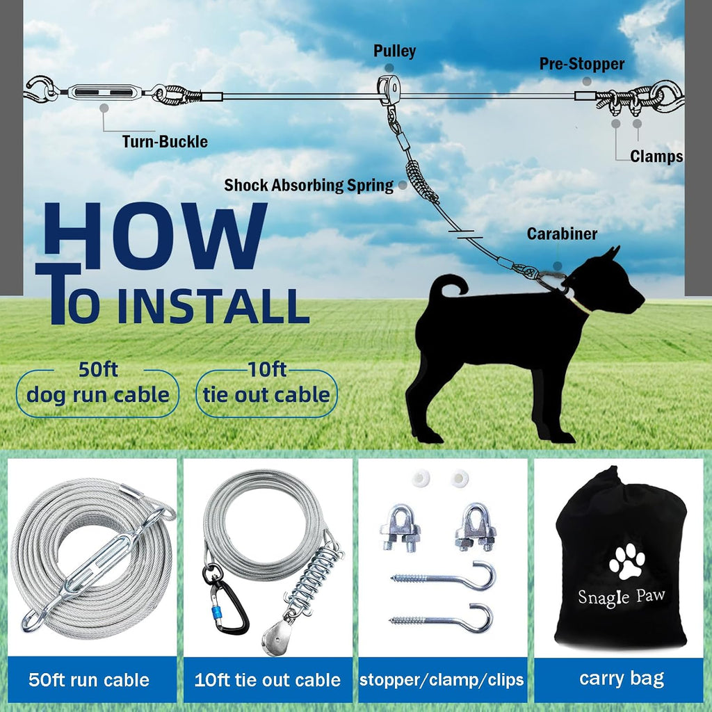 Dog Tie Out Runner for Yard,Trolley System for Large Dogs,Heavy Duty Dog Run Cable Lead 50ft with 10ft Pulley Runner Line for Small Medium and Large Dogs Up to 250lbs Running Outside Yard or Camping