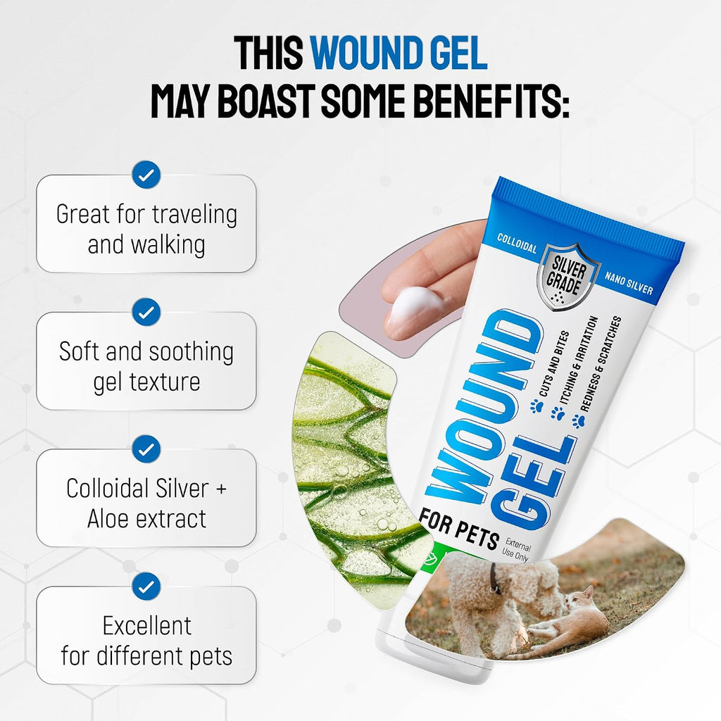 SILVER GRADE Wound Gel Tube for Pets – Dog Wound Care with Silver & Aloe – Cat & Dog Hot Spot, Scratches, Cuts, Bites Care – Help with Abrasions & Sores in Horses – Safe Breeds – 2 Oz